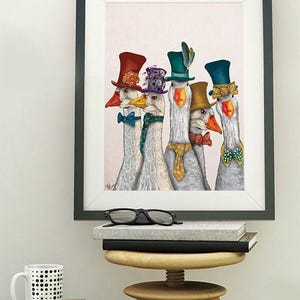 Silly Goose in Silly Hats - Gaggle of Geese  - colorful top hats mad hatter hats colourful painting colourful poster kids room decor