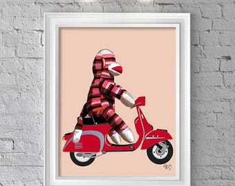 Sock Monkey on Moped Art Print – Whimsical Wall Decor