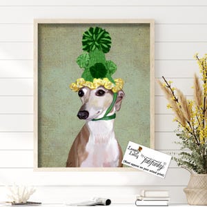 Greyhound Print  Green Hat poster dog illustration dog picture dog gift dog lover dog print painting portrait