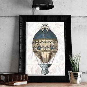 Hot air balloon decor - Baroque Balloon Blue & Cream - Hot air balloon print home decor wall decor Hot air balloon wall art bedroom decor