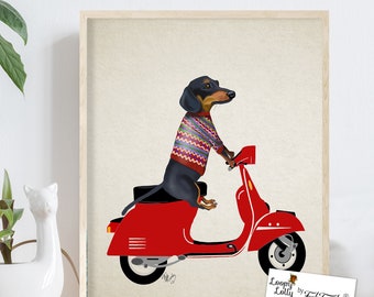 Dachshund print - Dachshund on moped  - dachshund gift doxie dachshund wall art dachshund art dog art dog gift dog lover Whimsical dog doxie