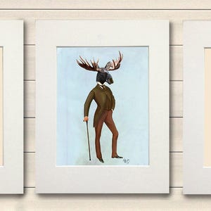 Set of 3 prints, Anthropomorphic, Hare print, Moose wall art, Fox picture, Woodland animal art, Collection of art, Rabbit decor Large canvas image 8