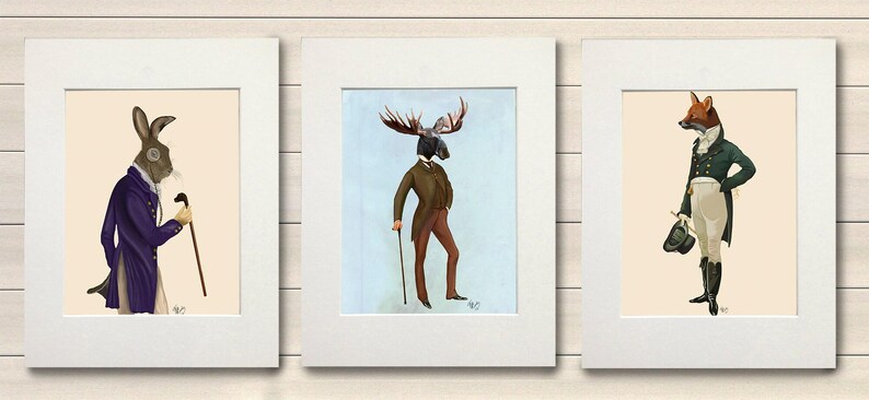 Set of 3 prints, Anthropomorphic, Hare print, Moose wall art, Fox picture, Woodland animal art, Collection of art, Rabbit decor Large canvas image 8
