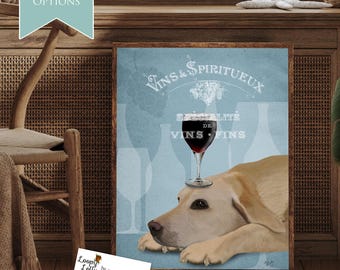 Yellow Labrador dog art print, Unique funny animal pet portrait, Whimsical cute quirky kitsch Lab Retriever playful wine poster artwork wall