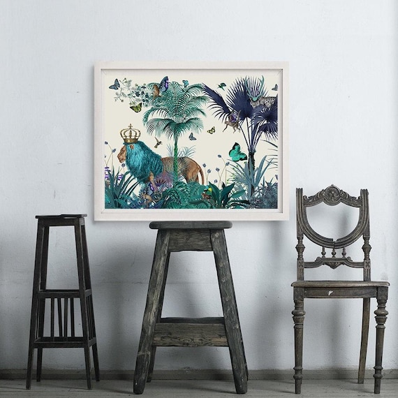 Blue Lion Print colourful wall art lion picture lion art print lion gift lion wall art gift for friend surreal animal art blue wall art