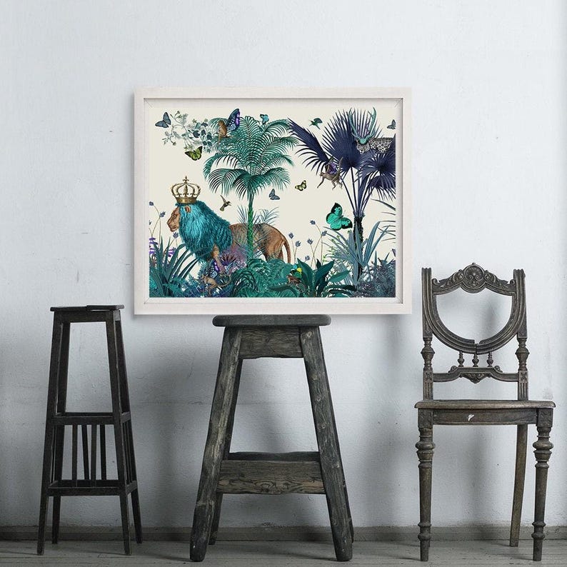 Blue Lion Print colourful wall art lion picture lion art print lion gift lion wall art gift for friend surreal animal art blue wall art image 1