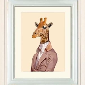 Giraffe art Regency style dressed jungle animal print for kids room or nursery decor, Funny gift framed or unframed or large canvas wall art