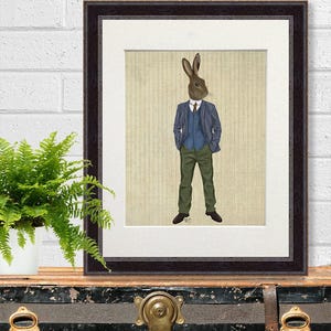 Groomsman gift - Rabbit Art in Blue Waistcoat funny office decor home office decor rabbit painting uk sellers only British wildlife painting