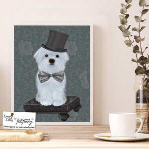 Maltese dog print, Maltese top hat, maltese owner gift, maltese art print, white dog picture, cute dog art, funny dog gift, toy dog artwork