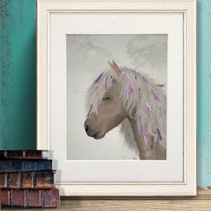 Horse Art Print: Beige Horse with Colorful Ribbons