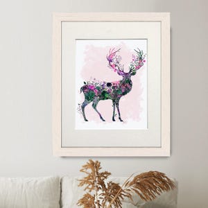 Floral Deer Art Print: Pink Cottagecore Nursery Wall Decor