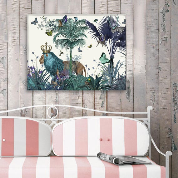 Lion Print - Blue Lion in Tropical Jungle - lion illustration lion picture tropical decor tropical leaf tropical Print jungle print colorful