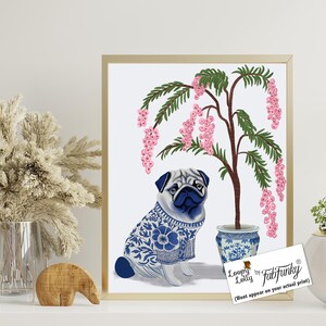 Chinoiserie wall art Pug dog in oriental blue and white coat under a pink blossom tree, Large canvas art or framed print for Eastern decor