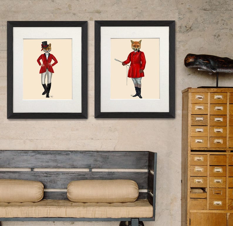 Fox hunting collection, Set of 2 prints, Fox pictures, Foxy wall art, Woodland fox art, Cabin decor, Gift for couple, Equestrian gift image 3