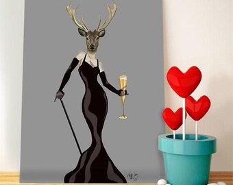 Deer Glamour Nero, Stampa di cervo Dipinto di cervo Immagine di cervo Abito da cocktail nero Dipinto di animali Decorazione da parete Appeso a parete Arte da parete