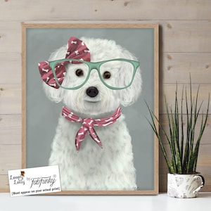 Bichon Frise Art Print - Funny White Dog in Glasses and Scarf - Quirky Wall Art Gift for Pet Owners