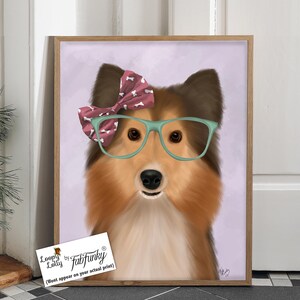 Sheltie gift - Shetland sheepdog in pink bow - Sheltie wall art Shetland Islands dog Sheltie dog artwork Dog decor for home Poster dog gift