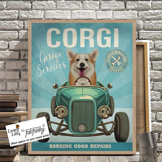 Corgi Hot Rod Art Print, Funny Dog in Classic Car Garage - Etsy