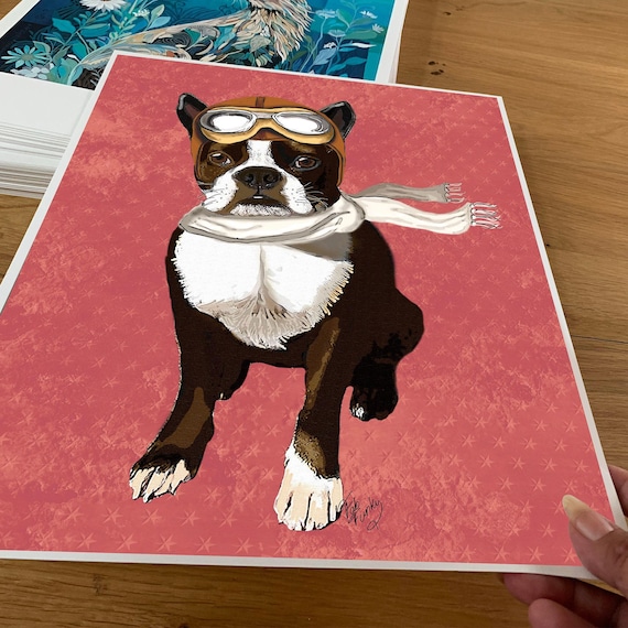 ボストンテリアの絵、ゴーグルをつけた面白い犬のフライングエース、犬