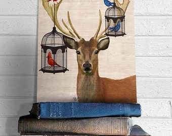 Deer Canvas art Print - Deer Bird Cages  -Art Print Digital Print Acrylic Art Illustration Original Painting wall art wall decor hanging