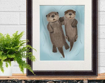 Otter Art Print - Otters in love - Otters holding hands paws Otter print Otter wall art otter illustration wall decor otter gift painting