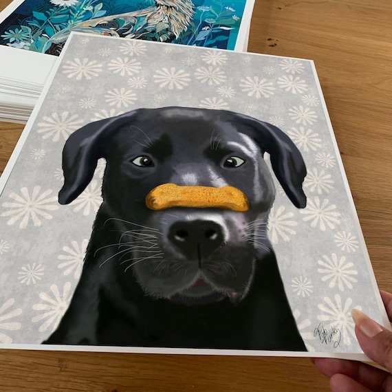 黒のラブラドールレトリバーとボーンアートプリント、かわいい黒の