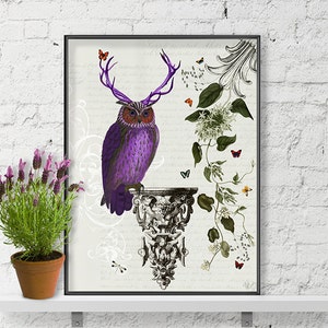 Purple Owl With Antlers Art Print, Wall Decor, Wall Art, Wall Hanging, Owl Print