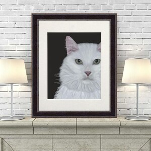 White Cat Art Print: Giclee Cat Portrait on Black, Framed or Unframed