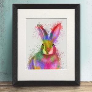 Rabbit art illustration, Colourful rabbit hare print in rainbow colour, Rabbit nursery art or framed art gift, Large canvas print UK made