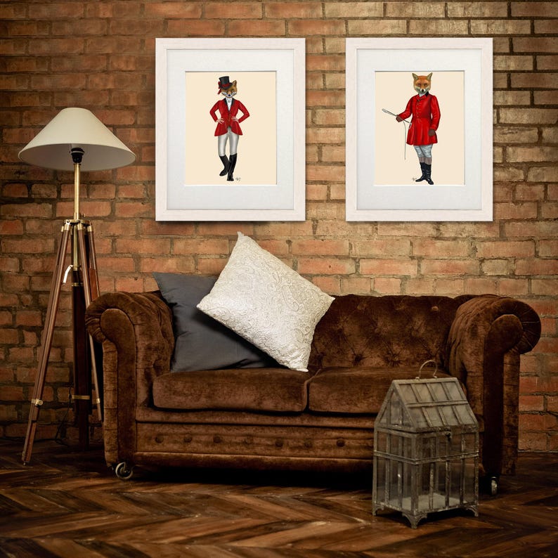 Fox hunting collection, Set of 2 prints, Fox pictures, Foxy wall art, Woodland fox art, Cabin decor, Gift for couple, Equestrian gift image 1
