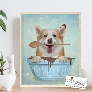 Corgi print, Corgi dog gift, Pembroke Welsh corgi, Dog picture, Cake making gift, Cook gift, Kitchen wall art, Funny dog art, Cute dog print