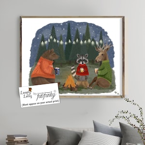 Whimsical Woodland Animal Print: Campfire Bear, Raccoon, Moose Nursery Art