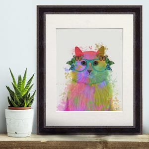 Cat wall art, Watercolor style print of a cat in glasses, Cat gift framed or unframed, Funny cat poster gift for cat lover, Colourful canvas