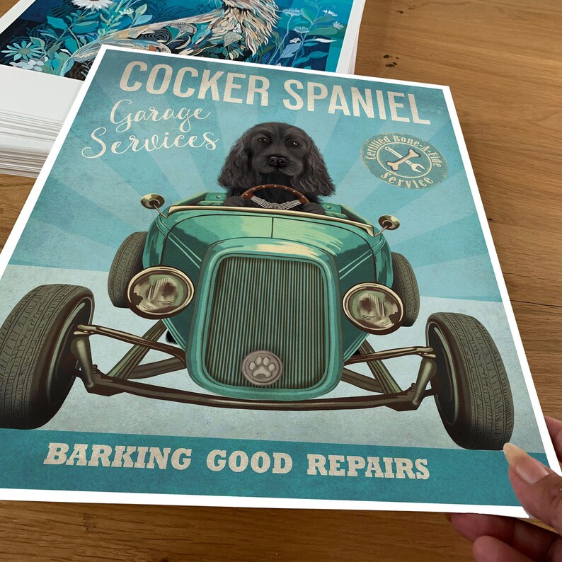 Black Cocker Spaniel Hot Rod Art Print, Funny Dog Garage Wall Decor - Etsy
