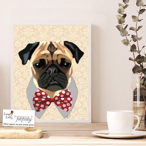 Pug Painting with Bow Tie  puggle  pug poster dog illustration dog picture gift dog lover dog print painting portrait pug print drawing