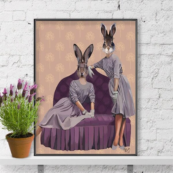 Purple Rabbits  Art Print Digital Art Illustration Mixed Media Original Print Wall Decor Wall hanging home decor Animal Painting