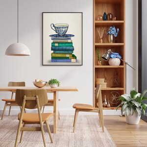Kitchen Art - Teacup and Books  - kitchen decor tea cup food poster food illustration gift for cook housewarming gift New home gift