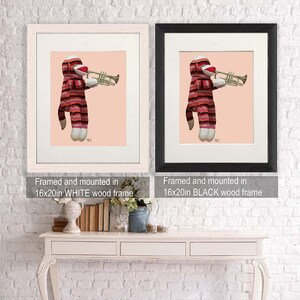 Music room decor - Sock Monkey Playing Trumpet - Music room art gift for musician musical nursery print cute art sock monkey art idea image 4