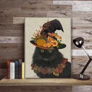Retrato de Gato Preto com Chapéu de Outono – Decoração de Halloween, Pôster em Tela Artística imagem 1