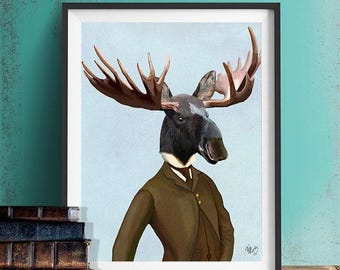 Moose Portrait Art Print – Whimsical Animal Illustration, Cabin Wall Decor