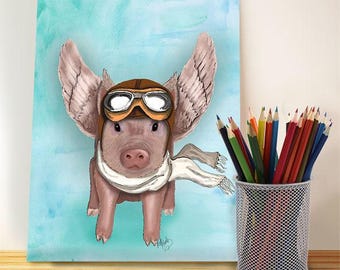 Flying pig illustration Aviator Piggy flying pig print children's decor kids room decor pig picture Wall Decor Wall hanging Wall art