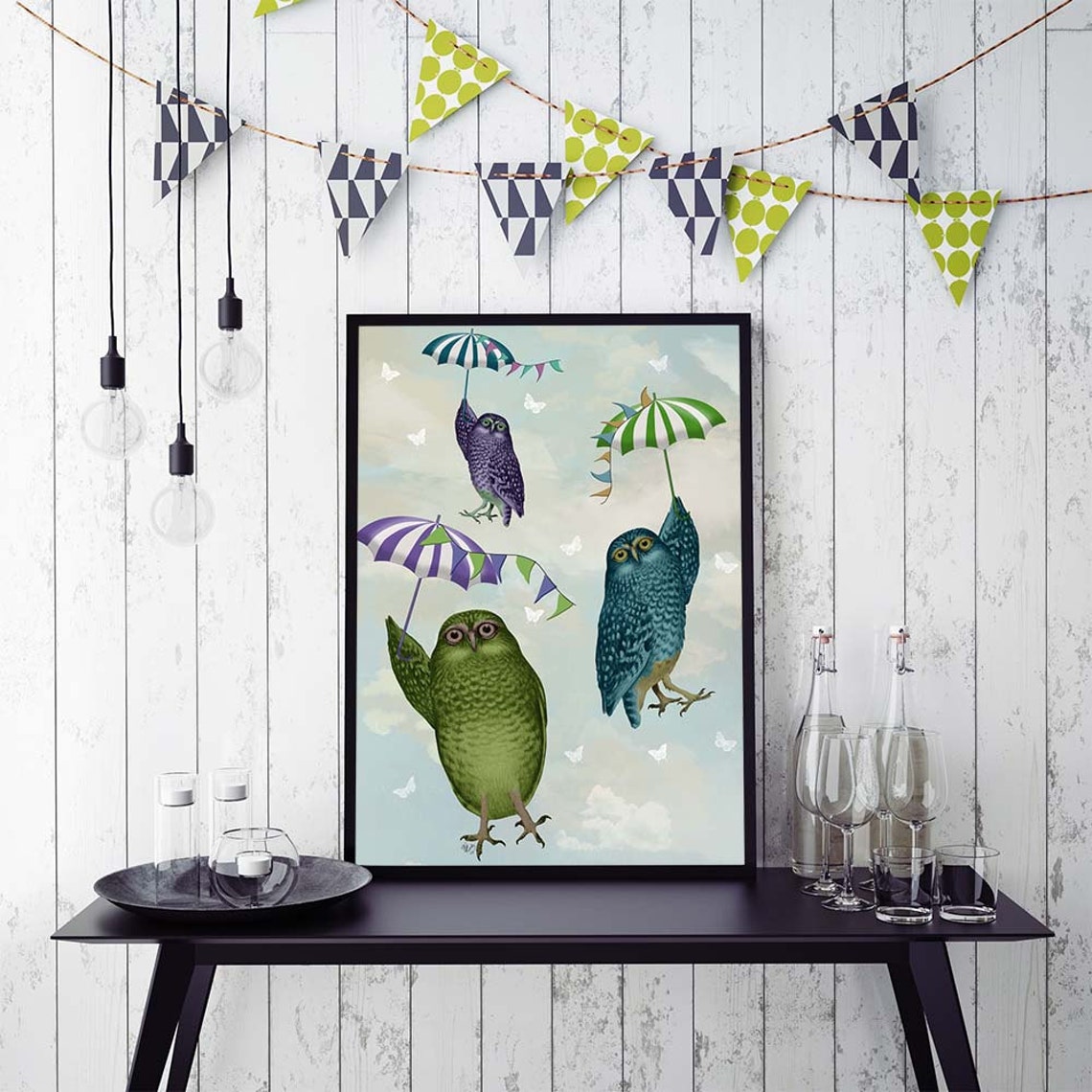 Kids Room Art Owls With Umbrellas Owl Print Owl Decor Cute | Etsy