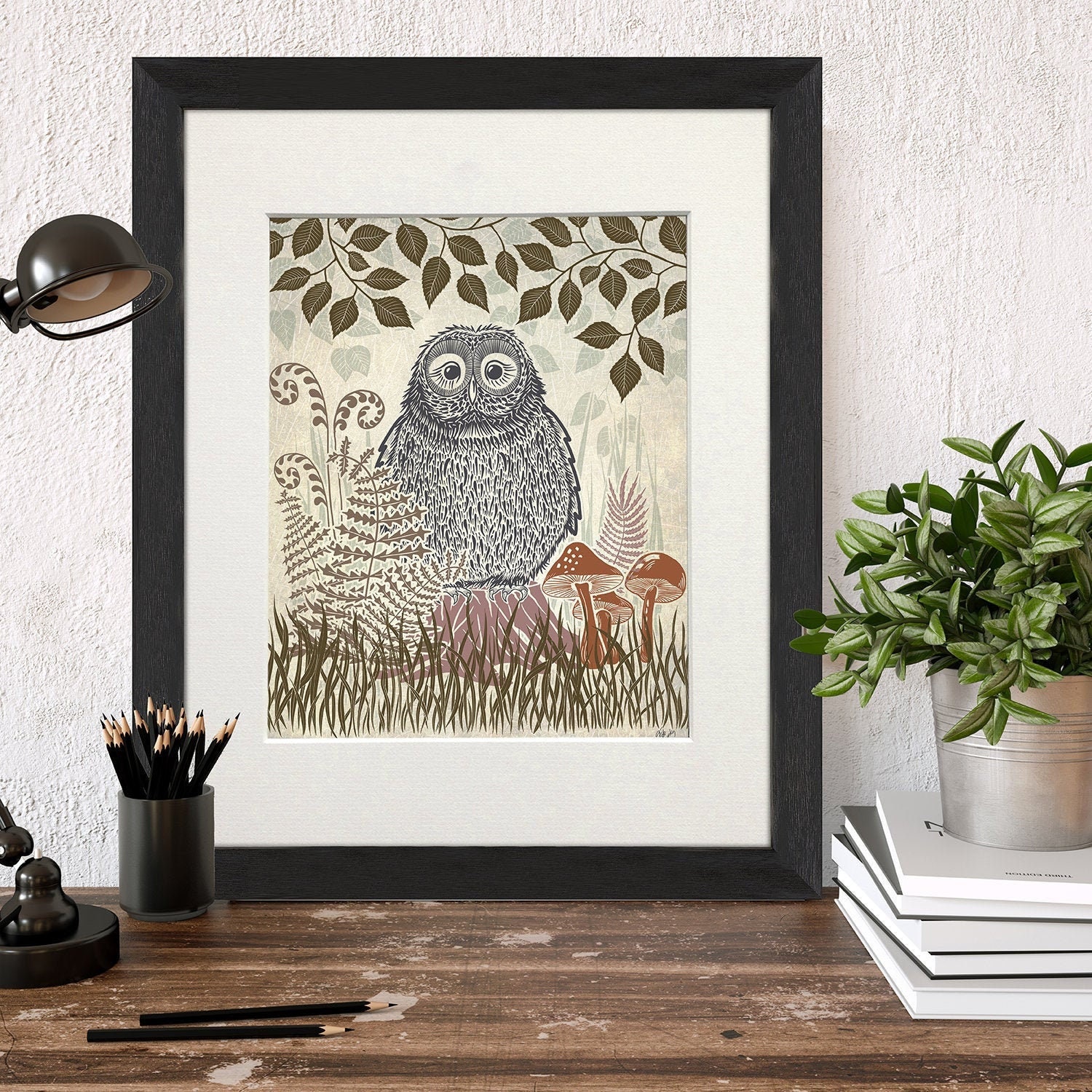 Large owl print Lino cut style Bird painting Woodland owl | Etsy