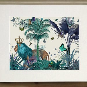 Lion Print - Blue Lion in Tropical Jungle - lion illustration lion picture tropical decor tropical leaf tropical Print jungle print colorful image 2