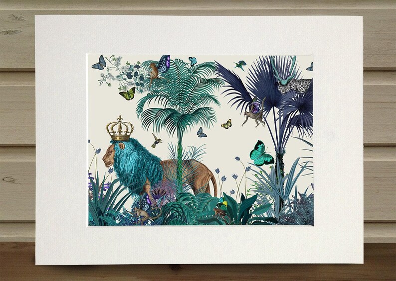Lion Print - Blue Lion in Tropical Jungle - lion illustration lion picture tropical decor tropical leaf tropical Print jungle print colorful image 2