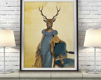 Woodland deer Deer Print Deer in Blue Dress - deer art print deer painting deer picture jane Austen style print bedroom decor gift for wife