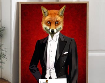 Fuchs Portrait Kunstdruck, Fuchs in Abendjacke, Eleganter Fuchs im Abendkleid, Gentleman Fuchs Wandkunst, Fuchs Liebhaber Geschenk, Deko-Idee für Bibliothek