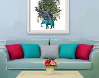 Elephant Art Print: Turquoise Jungle Animal Surreal Decor