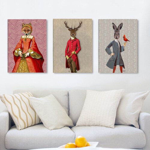 Woodland collection 3 art prints, shops Fox queen, Deer in fuchsia jacket, Hare and red bird, Vintage animal prints, Rabbit wall art, Stag picture