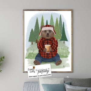 Niedlicher Holzfäller Bär Druck, Bär mit Kaffee, Wald Bär Kunst, Kinderzimmer Wandkunst, Cabin Lake Haus Dekor, Wald Küche Dekor